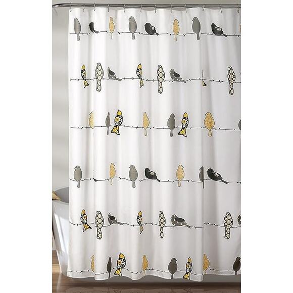 Yellow, Black  & Gray Birds Pattern Bathroom Shower Curtain 72 W x 72 L - Picture 1 of 9